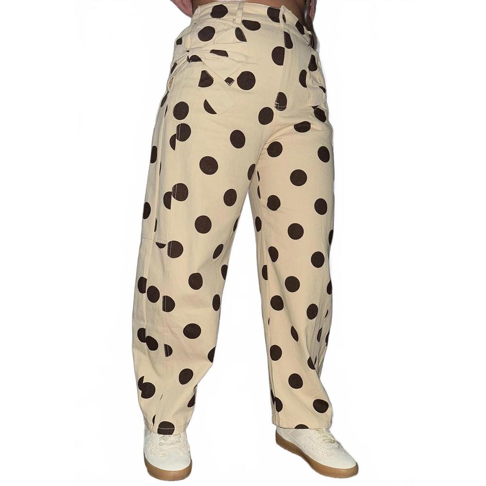 High-Rise Straight Leg Polka Dot Pants - Cream/Brown
